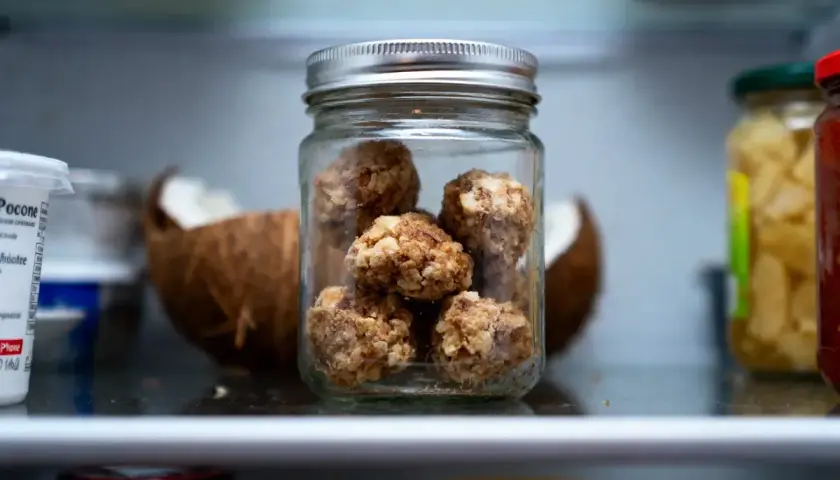 Bocal de conservation de rochers coco, une collation saine et gourmande, à côté d'une noix de coco ouverte.