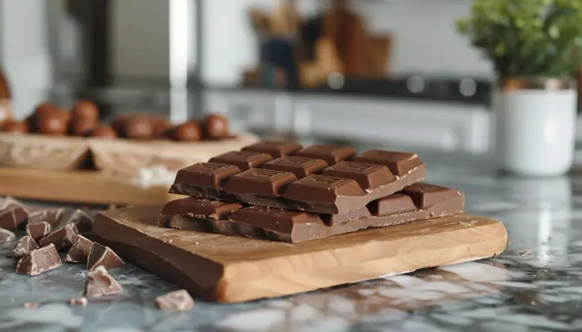 Des morceaux de chocolat, dont des tablettes empilées, sur une planche en bois. Une question se pose : est ce que le chocolat périme ?