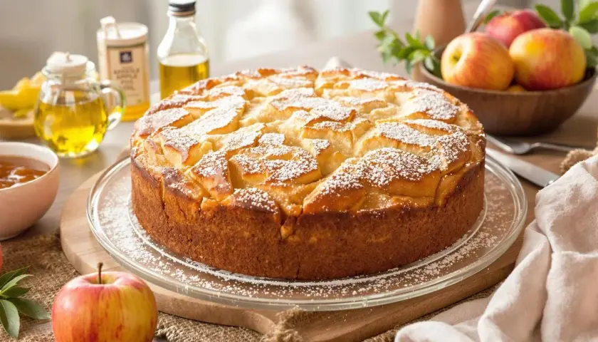 Gâteau aux pommes saupoudré de sucre glace. Une alternative légère pour remplacer 100 g de beurre par compote.