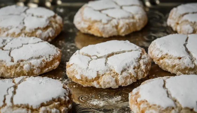 Biscuits craquelés saupoudrés de sucre glace, parfaits pour accompagner votre café. Une idée pour comment faire de la poudre d'amande maison.