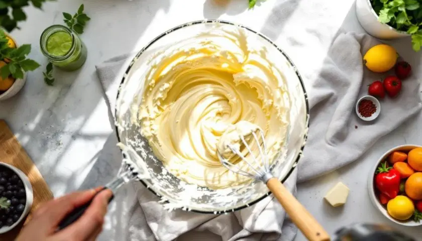 Un fouet mélange une crème onctueuse dans un bol en verre. Autour, des fruits frais, des herbes et un morceau de beurre concentré suggèrent une préparation culinaire savoureuse.