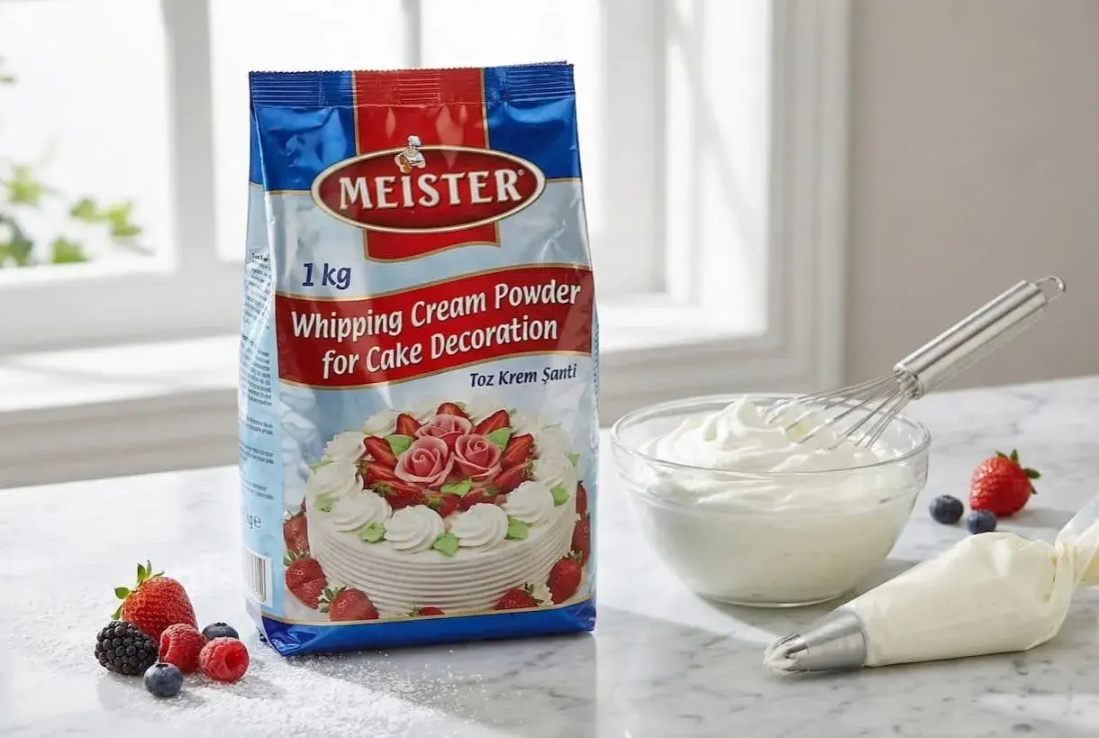 Un paquet de poudre pour chantilly Meister, un bol de crème fouettée prête à l'emploi, des fruits rouges et un sac de pâtisserie.