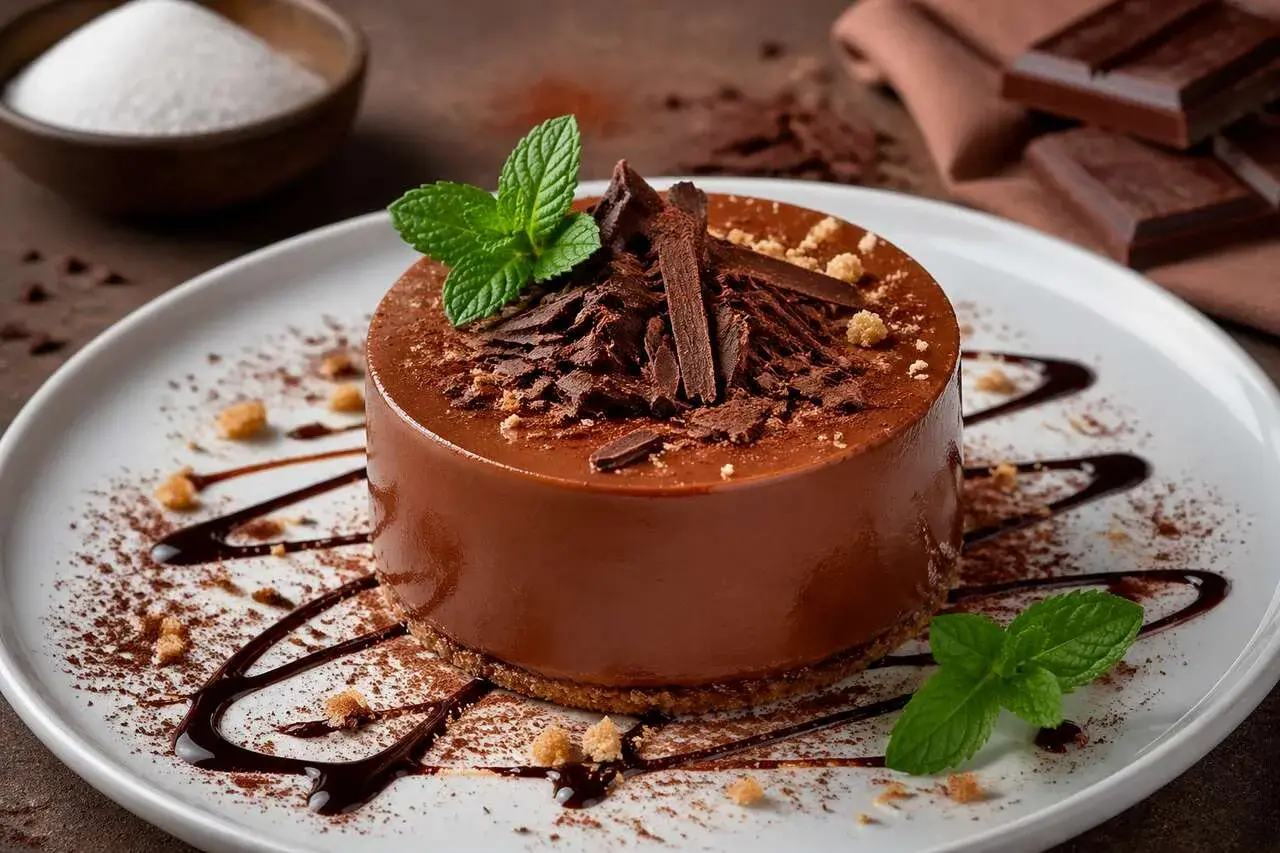 Gâteau au chocolat onctueux, garni de copeaux de chocolat et de menthe. Un simple cake design qui invite à la gourmandise.