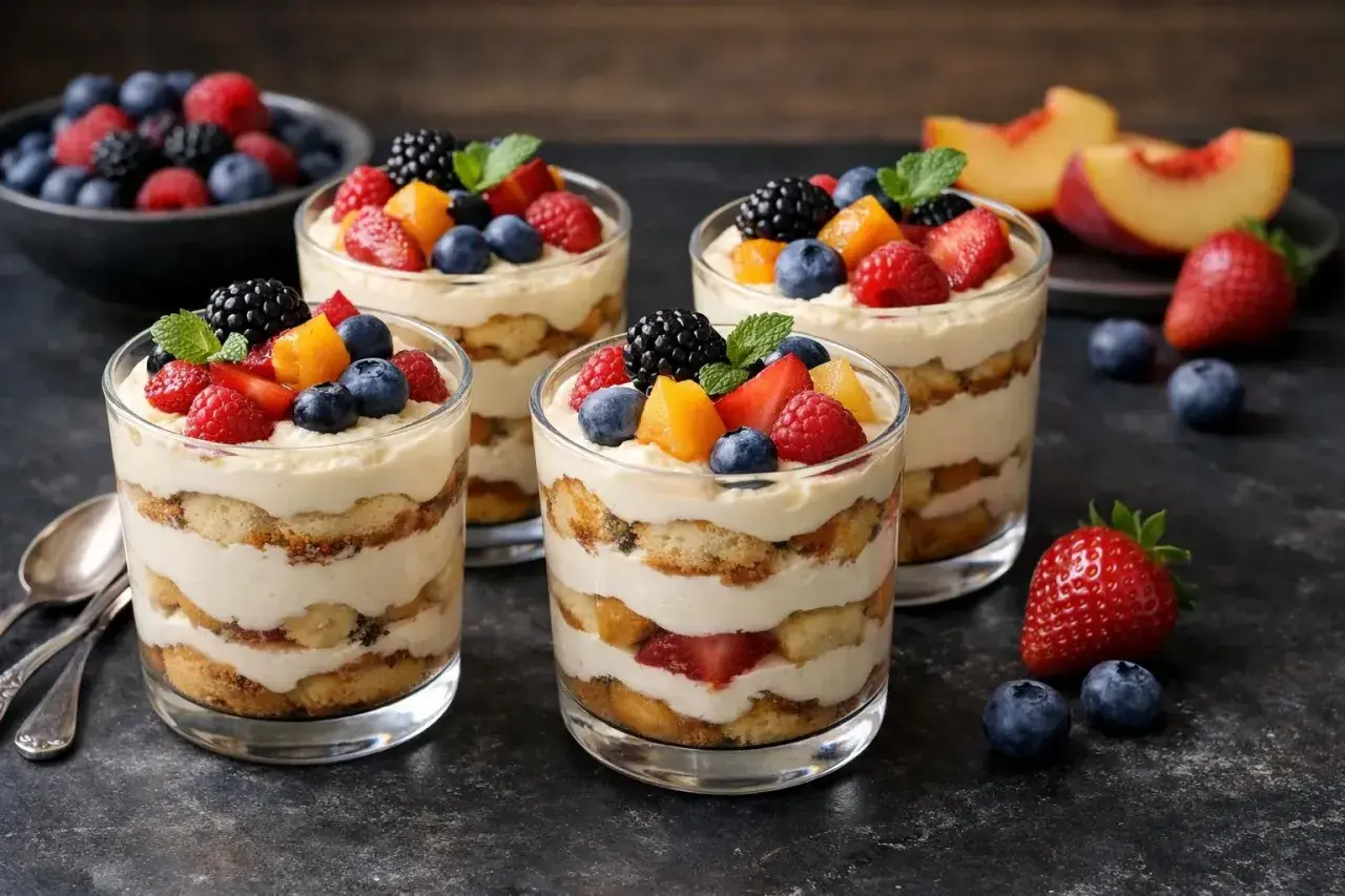 Quatre verrines de tiramisu aux fruits rouges et pêches, un délice de saison.