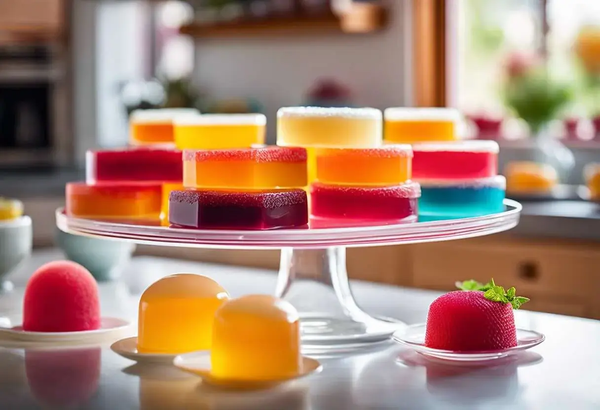 Gourmandises colorées, des desserts aux formes variées, certains en forme de fruits, d'autres rectangulaires, tous faits de gélatine. Le poids de la feuille de gélatine détermine leur texture.