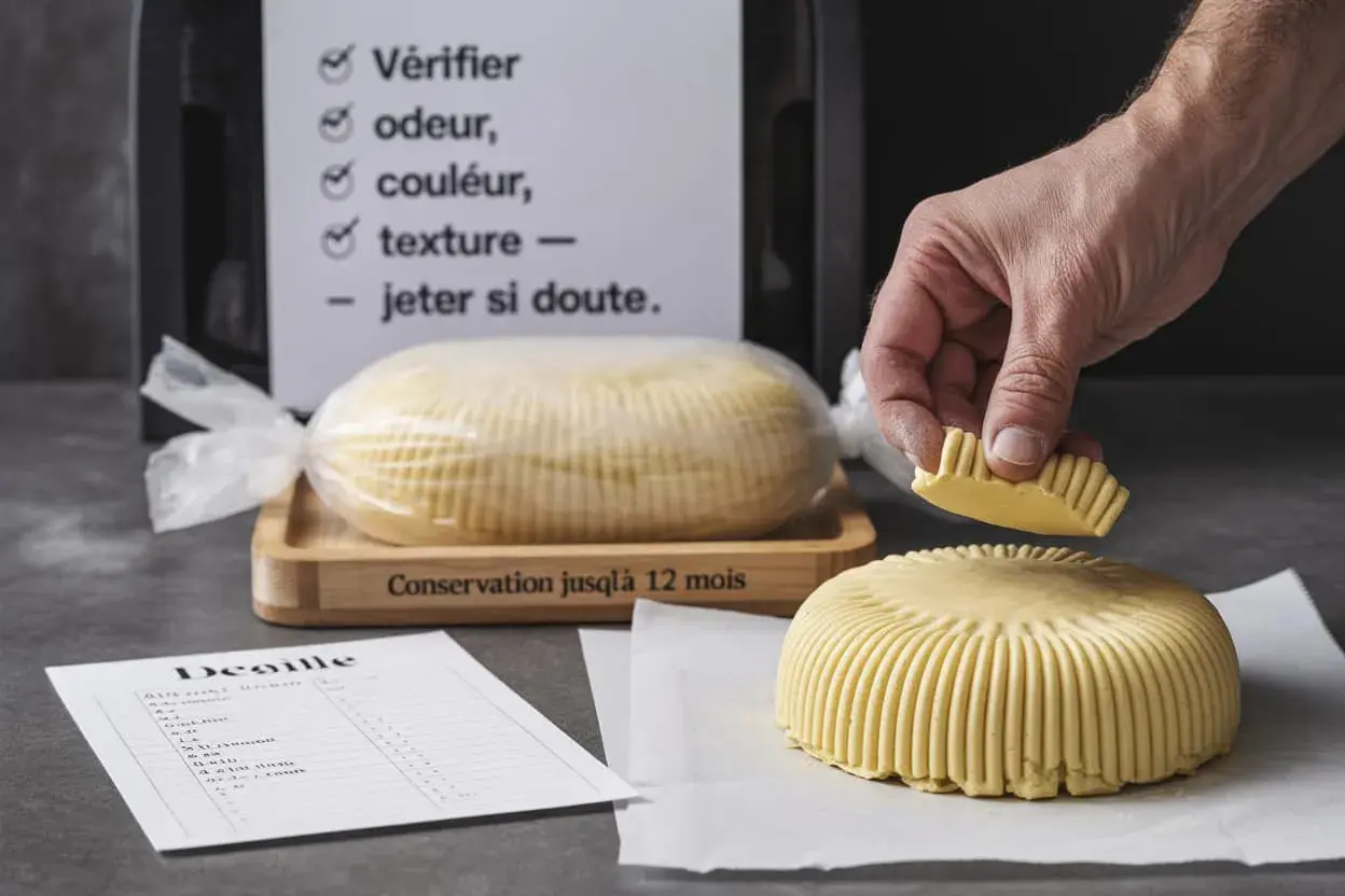 Un morceau de pâte à sucre perimée est examiné. Une liste de contrôle suggère de vérifier l'odeur, la couleur et la texture.