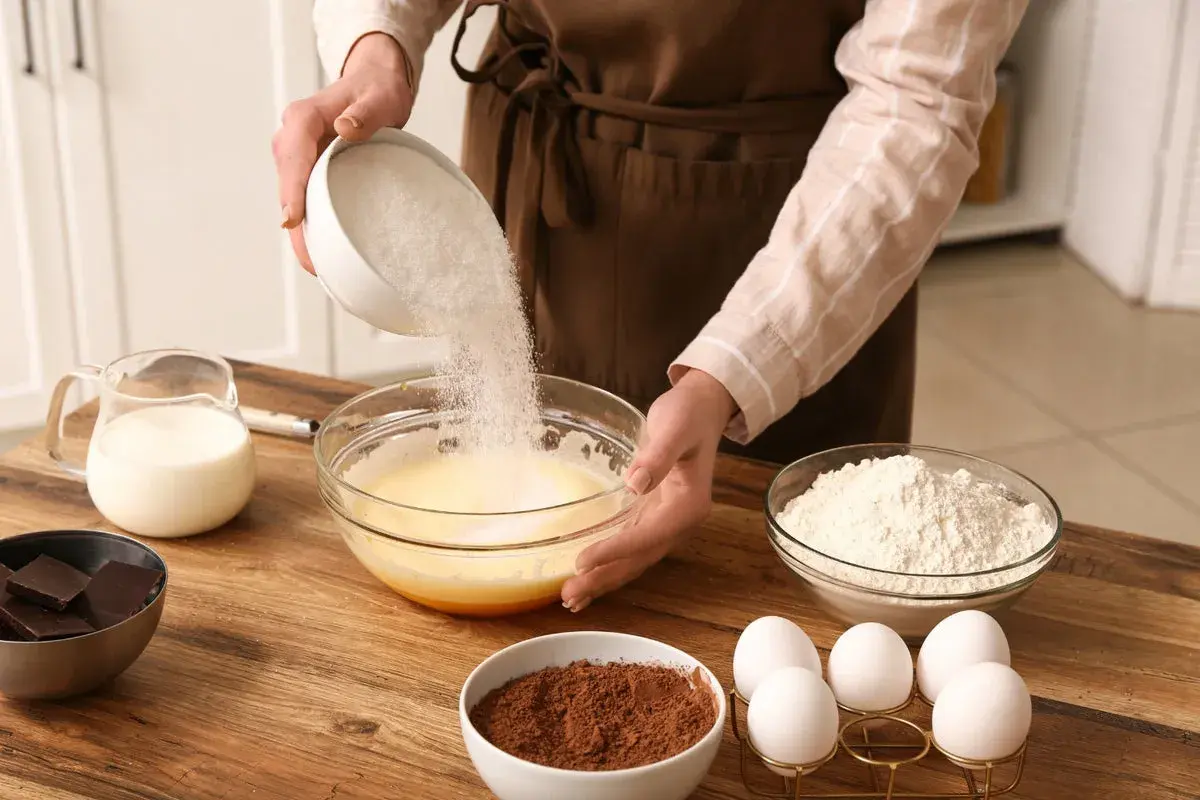 Préparation d'un gâteau : ajout de sucre dans un mélange d'œufs. On voit aussi du lait, de la farine, du cacao et du chocolat, des ingrédients pour savoir par quoi remplacer le lait dans un gâteau.