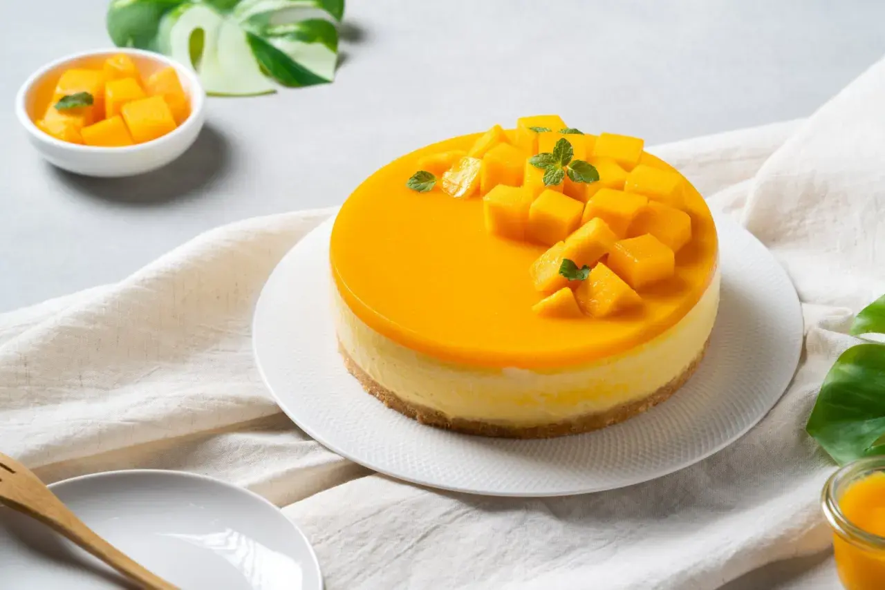Un délicieux biscuit pour entremet, un cheesecake à la mangue, garni de dés de mangue fraîche et de feuilles de menthe.