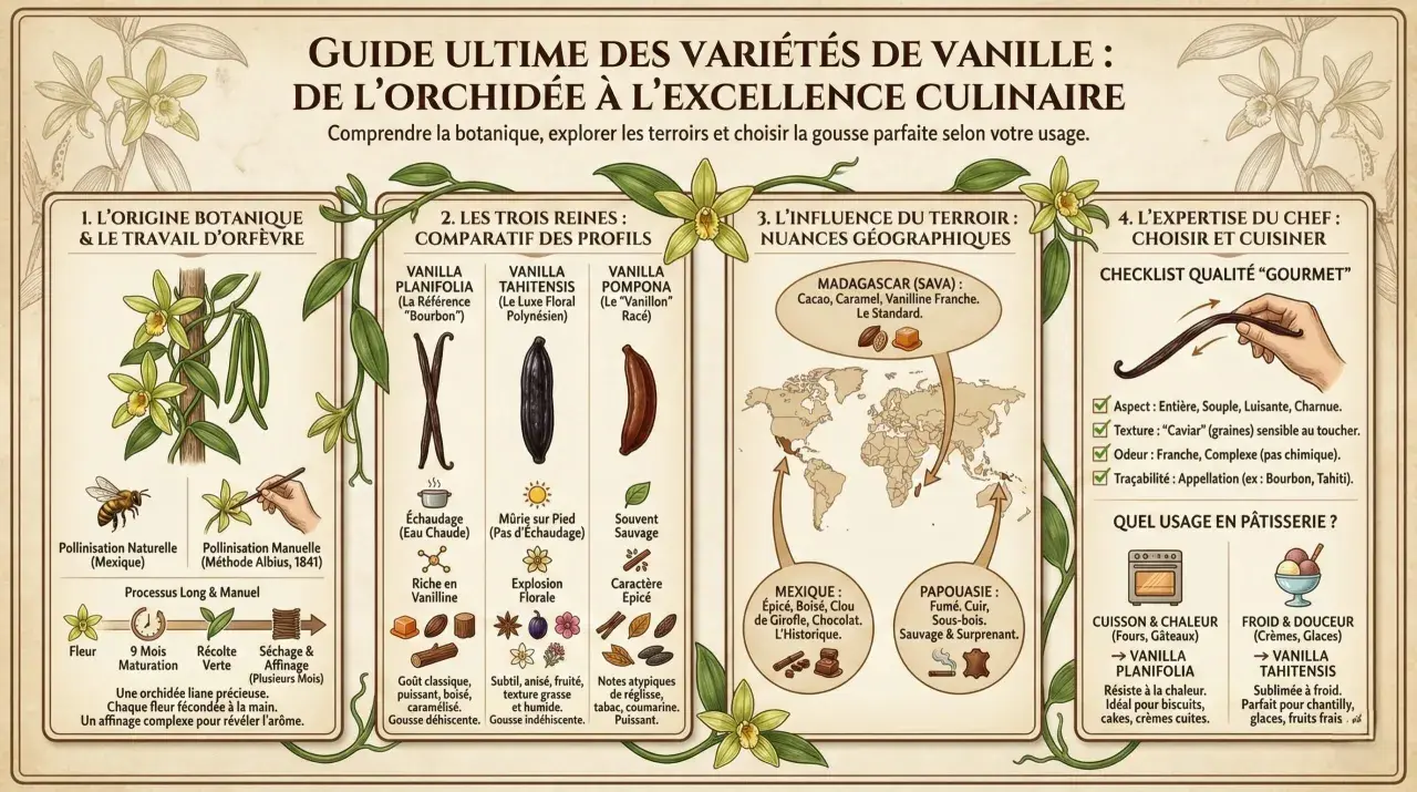 Guide ultime des vanilles : découvrez quelle est la meilleure vanille pour la pâtisserie, ses origines, ses profils et ses terroirs.