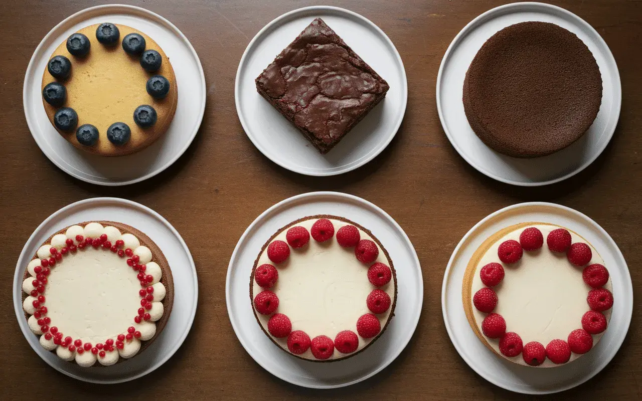 Six desserts sur des assiettes blanches : un gâteau aux myrtilles, un brownie, un gâteau au chocolat, un gâteau décoré de fruits rouges, un gâteau aux framboises et un autre aux framboises. Parfait pour faire un gâteau 2 jours à l'avance.