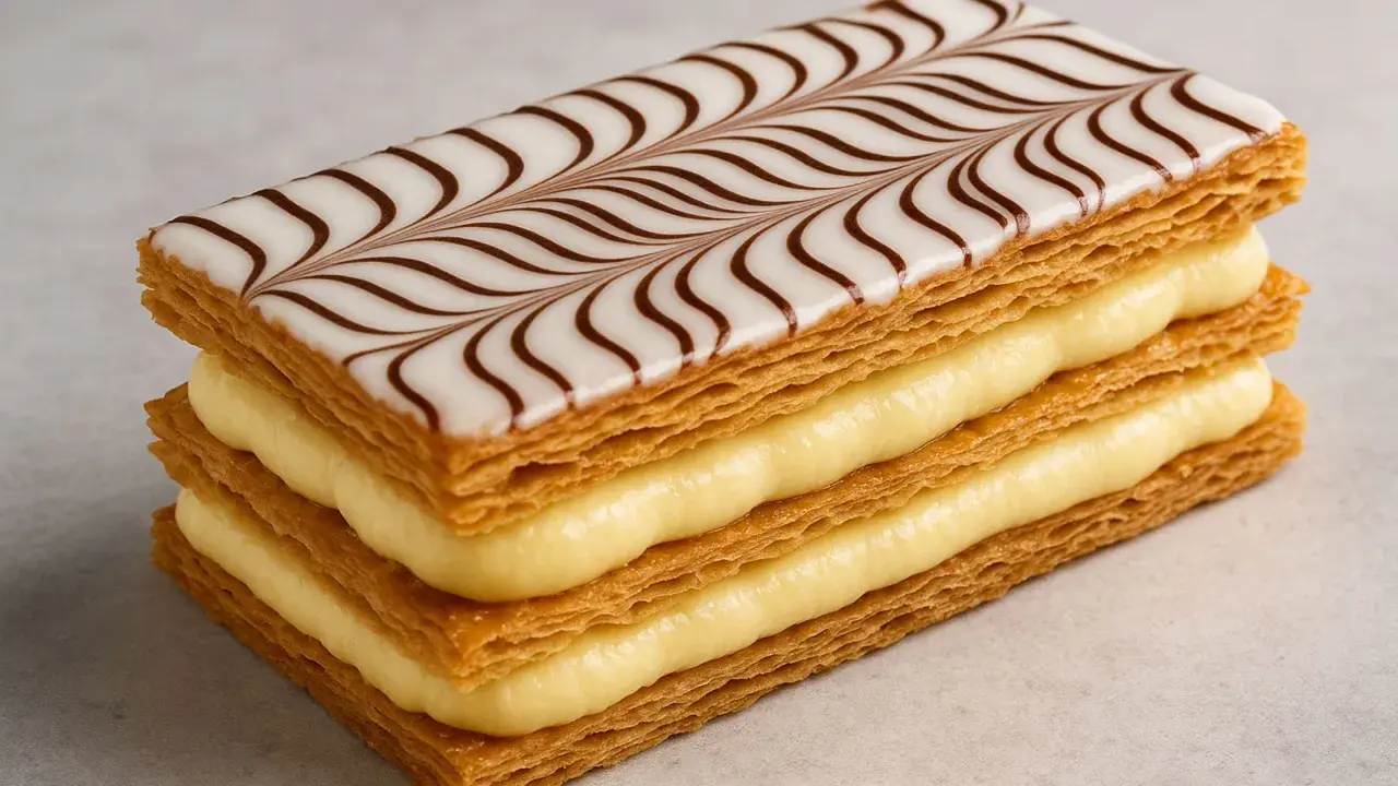 Un délice feuilleté avec un glaçage millefeuille orné de volutes chocolatées, révélant une crème pâtissière onctueuse.