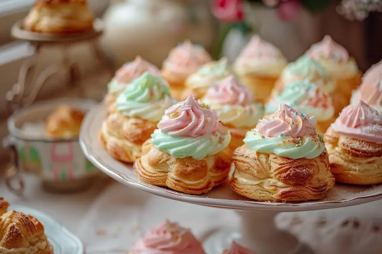 Petits choux garnis de crème pastel, roses et menthe. Parfait pour rattraper une pâte à choux ratée !