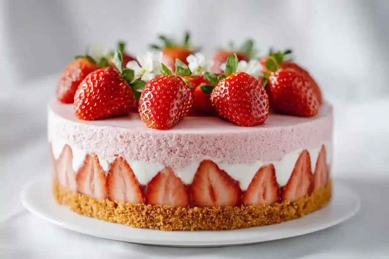 Gâteau rond rose, garni de fraises fraîches et de petites fleurs blanches. La décoration fraisier est exquise, avec des fraises coupées sur le pourtour.