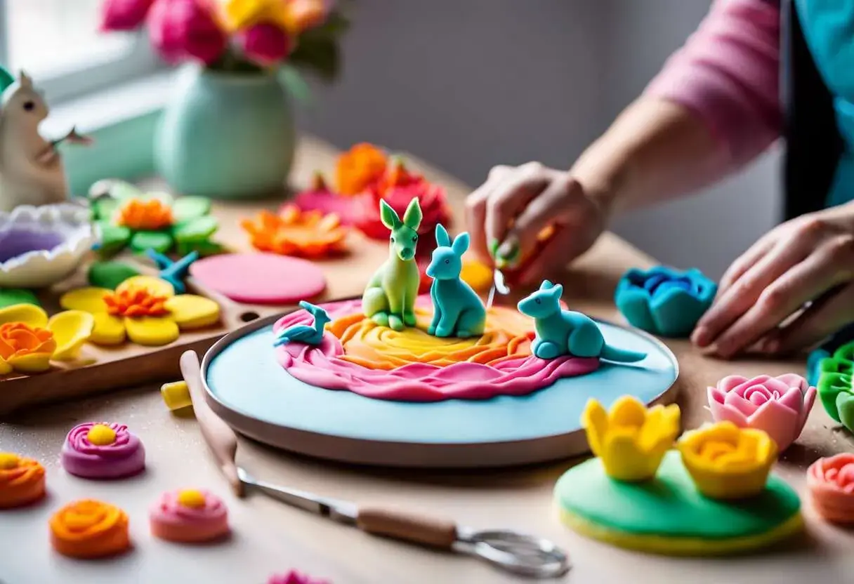 Des lapins et des oiseaux colorés en pâte à sucre sur une assiette, entourés de fleurs et d'outils de pâtisserie.