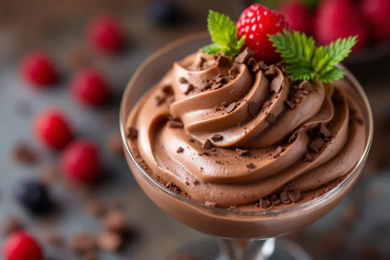 Mousse au chocolat onctueuse, garnie de framboises et menthe. Parfait pour savoir si peut on faire une mousse au chocolat la veille.