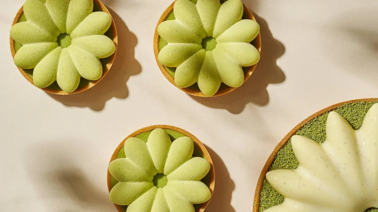 Trois tartelettes vertes en forme de fleur, une autre blanche à la vanille. La cuisson du sucre a donné des desserts délicats.
