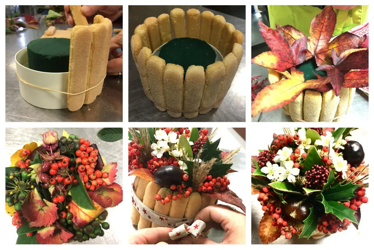 Création d'un gâteau fleurs automnal avec des biscuits à la cuillère, des baies rouges, des feuilles et des marrons.