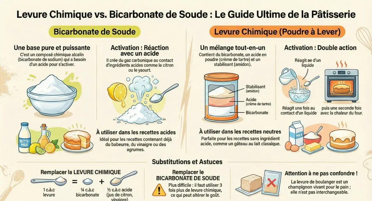 La levure chimique, un mélange tout-en-un, sert à faire lever les pâtisseries grâce à une double action : liquide puis chaleur du four.