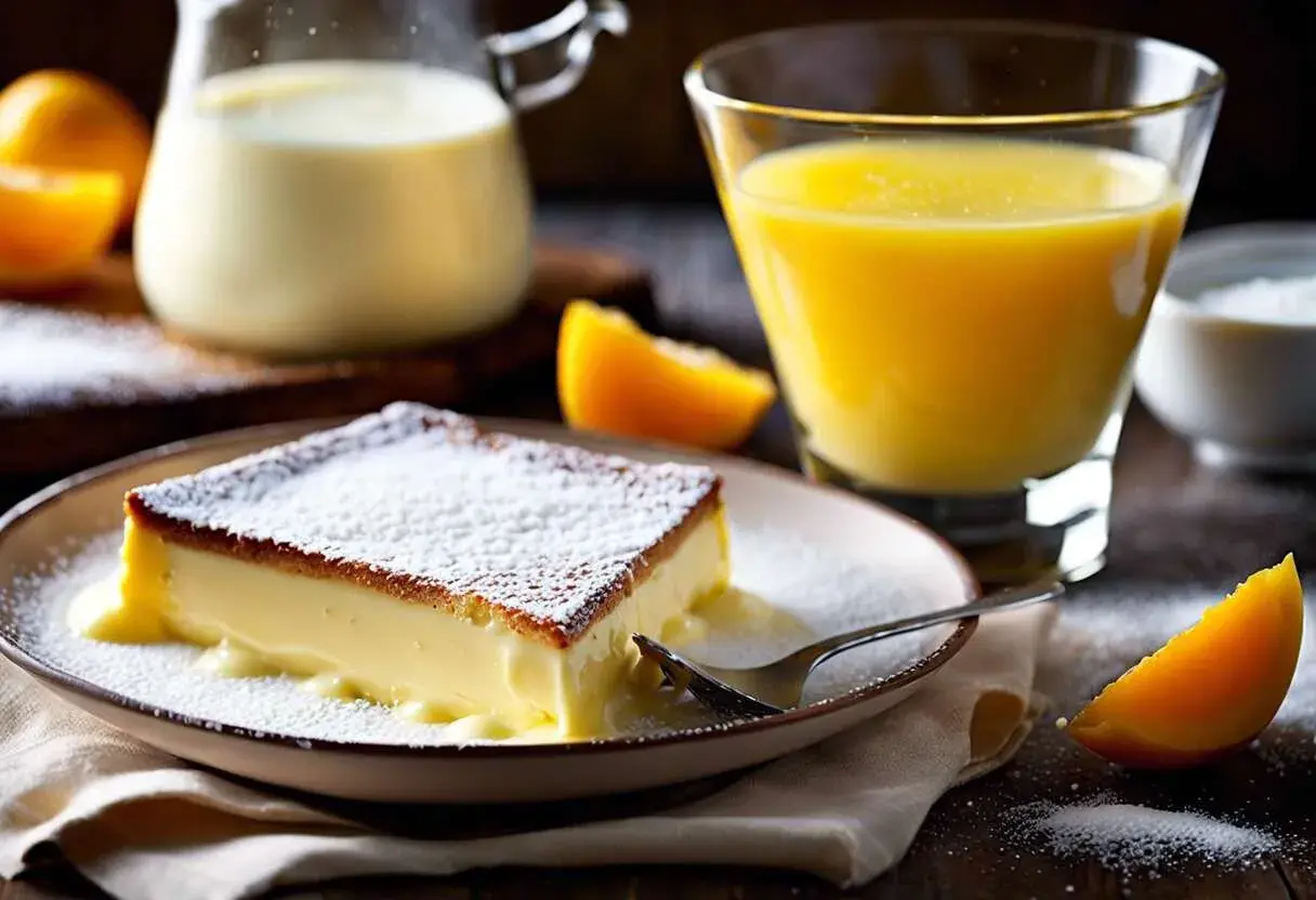 Un morceau de crème pâtissière traditionnelle saupoudré de sucre glace, servi avec du jus d'orange et des quartiers d'orange.