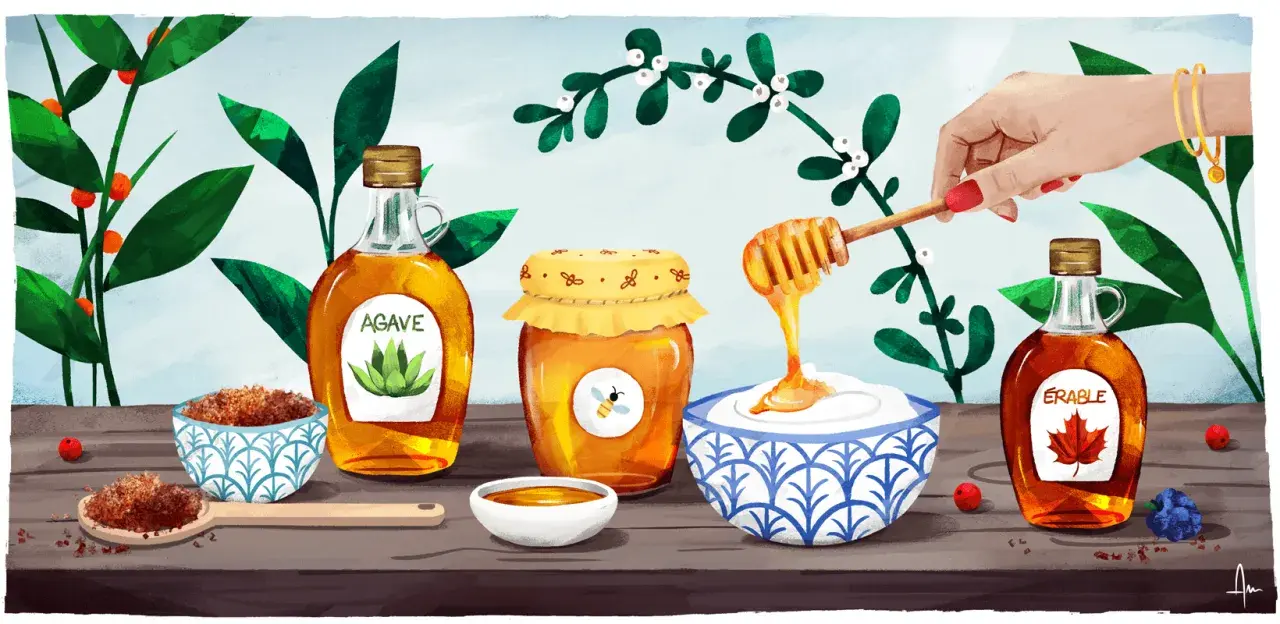 Une sélection de sirops d'agave, de miel et d'érable, ainsi que du sucre brut. Une main verse du miel sur du yaourt.
