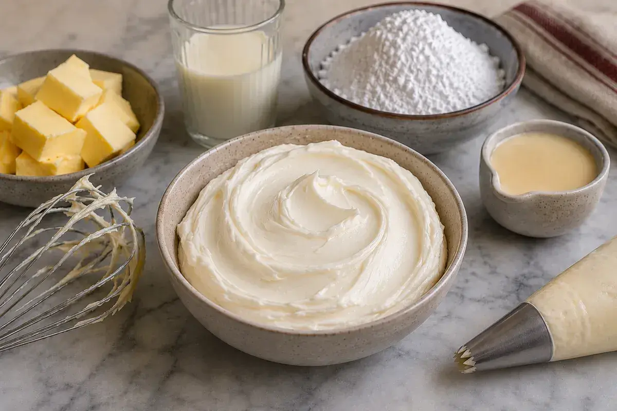 Préparation d'un glaçage onctueux : beurre en dés, lait, sucre glace, crème et poche à douille pour un délicieux beurre pour gâteau.