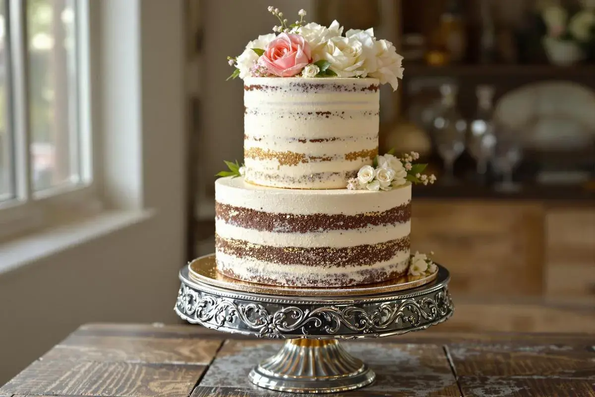 Magnifique montage layer cake à deux étages, décoré de roses et de fleurs blanches, sur un présentoir argenté.