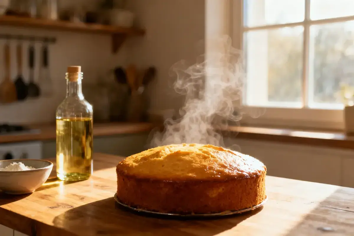 Gâteau doré et fumant, préparé avec de l'huile au lieu du beurre. Une bouteille d'huile et un bol de sucre sont à côté.