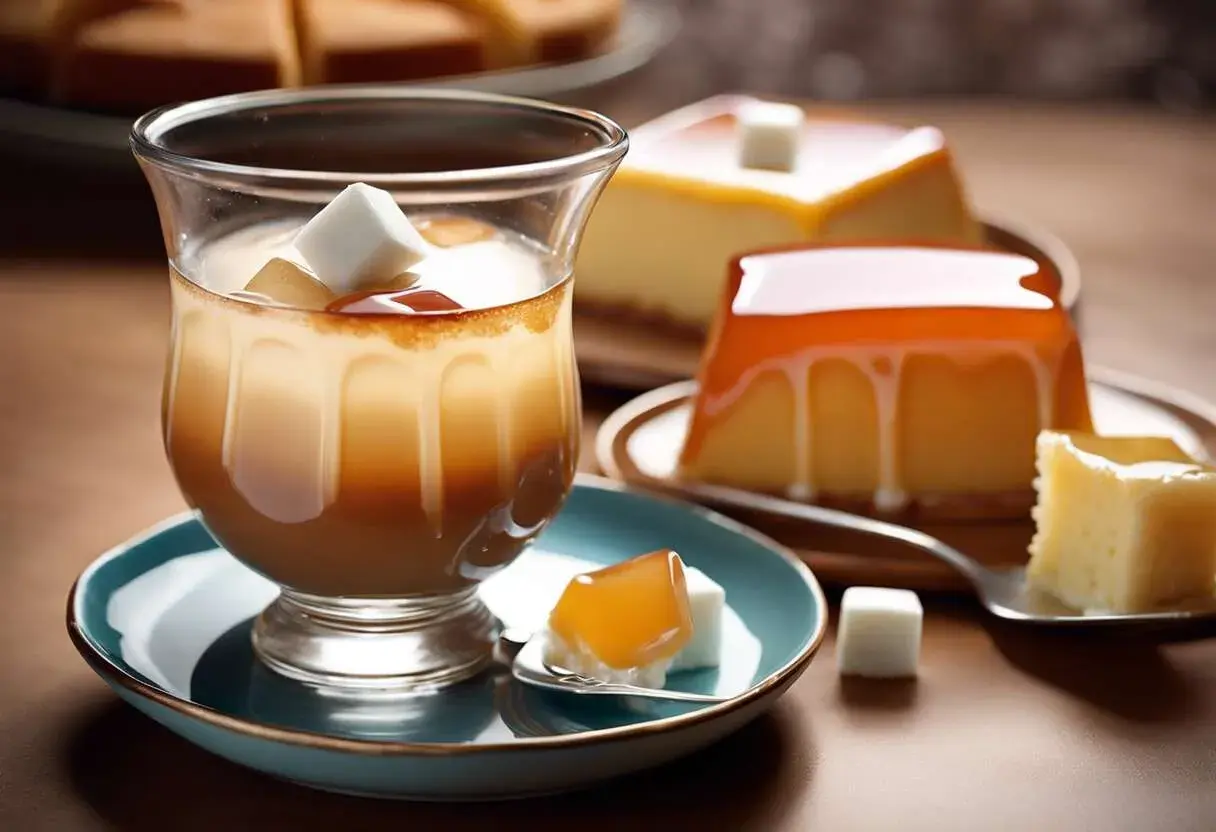 Un verre de crème dessert avec un nappage neutre, des carrés de sucre et des flans au caramel.