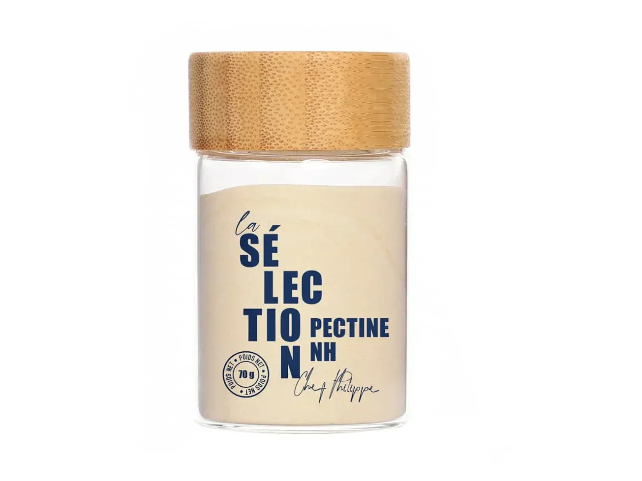 Bocal en verre avec couvercle en bambou contenant de la pectine en poudre. La composition de ce produit est idéale pour vos préparations.