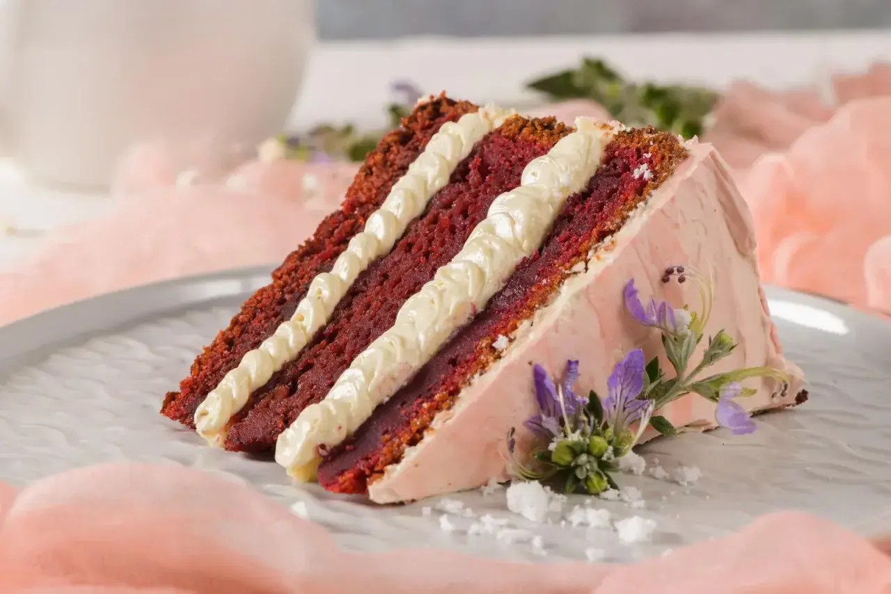 Tranche de gâteau Red Velvet avec une garniture molly cake crémeuse, décorée de fleurs violettes et de sucre glace.