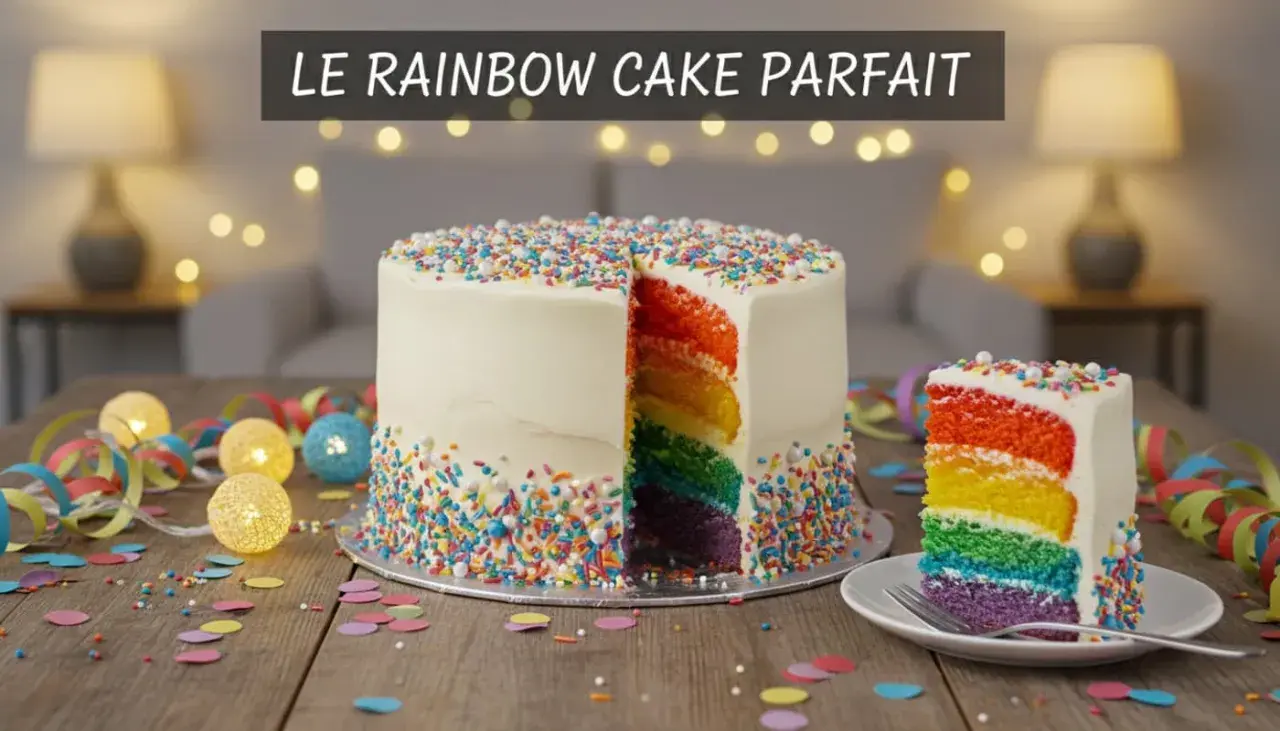 Gâteau arc-en-ciel festif, avec des couches colorées et des vermicelles. Un design de rainbow cake parfait pour une fête.