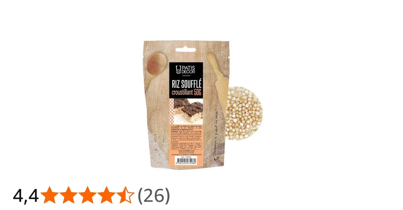 Un paquet de riz soufflé croustillant de 50g, idéal pour vos créations gourmandes. Parfait pour des barres chocolatées maison.