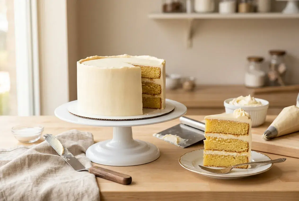 Un gâteau à étages recouvert d'une délicieuse crème de couverture, prêt à être dégusté. Une part est déjà coupée.