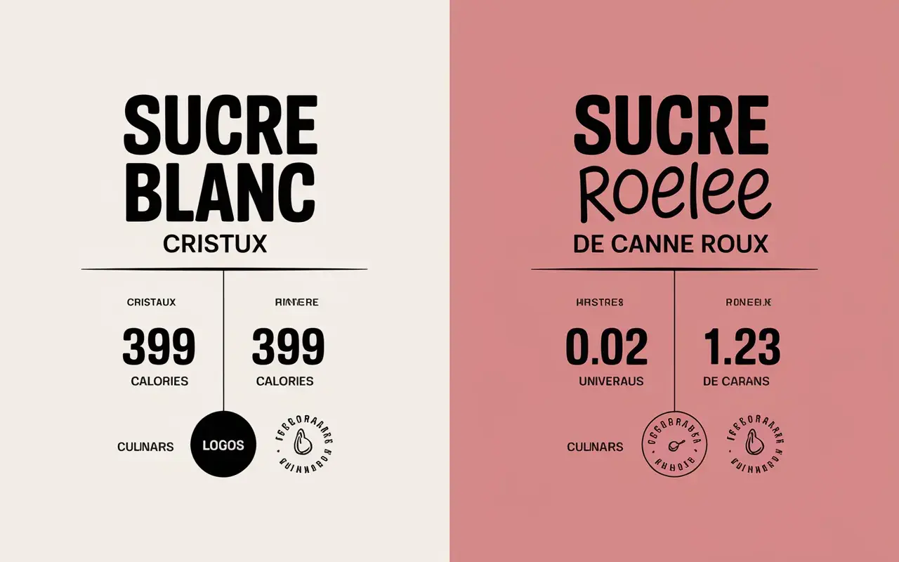 Comparaison visuelle entre le sucre blanc et le sucre de canne roux, avec leurs valeurs nutritionnelles.