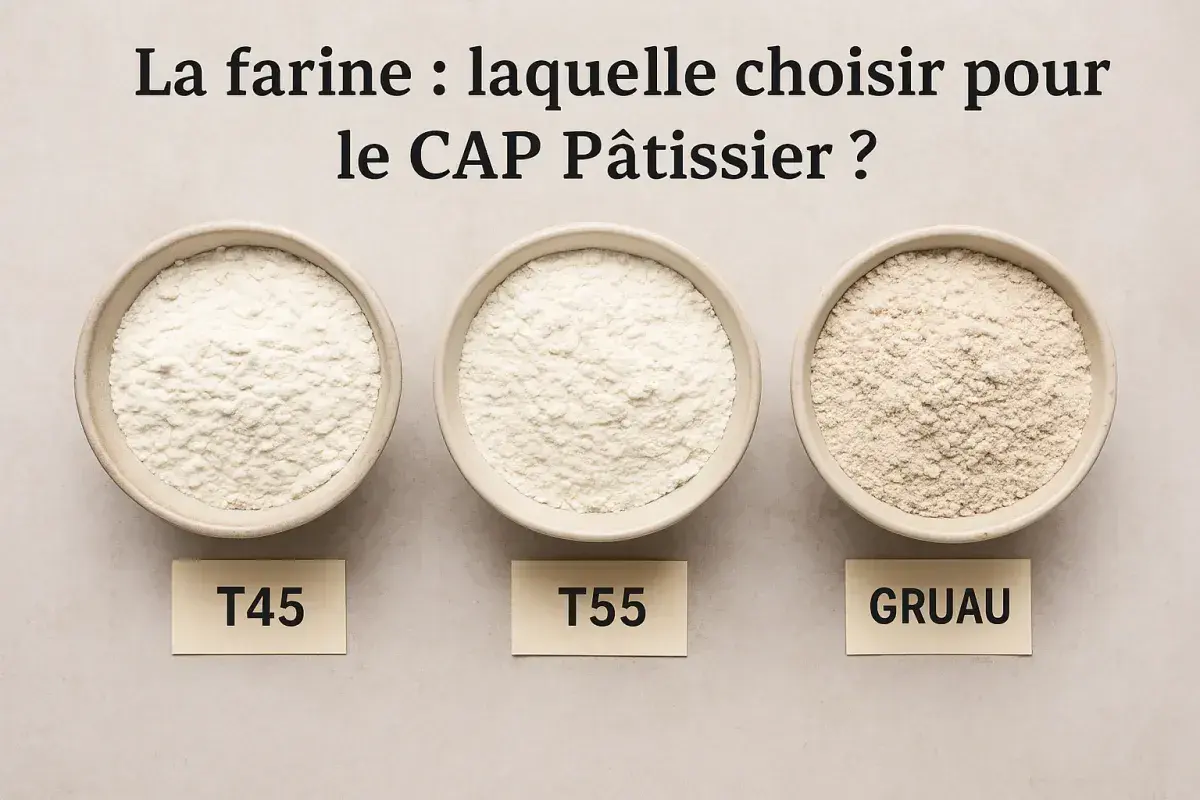 Trois bols de farine pour pâtisserie : T45, T55 et Gruau. Lequel choisir pour le CAP Pâtissier ?