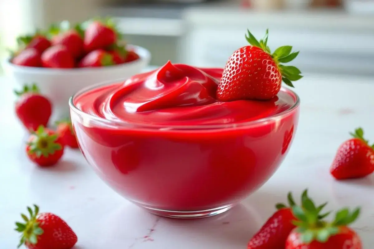Un bol de ganache fraise onctueuse, garni d'une fraise fraîche. Des fraises entourent ce délice rouge vif.
