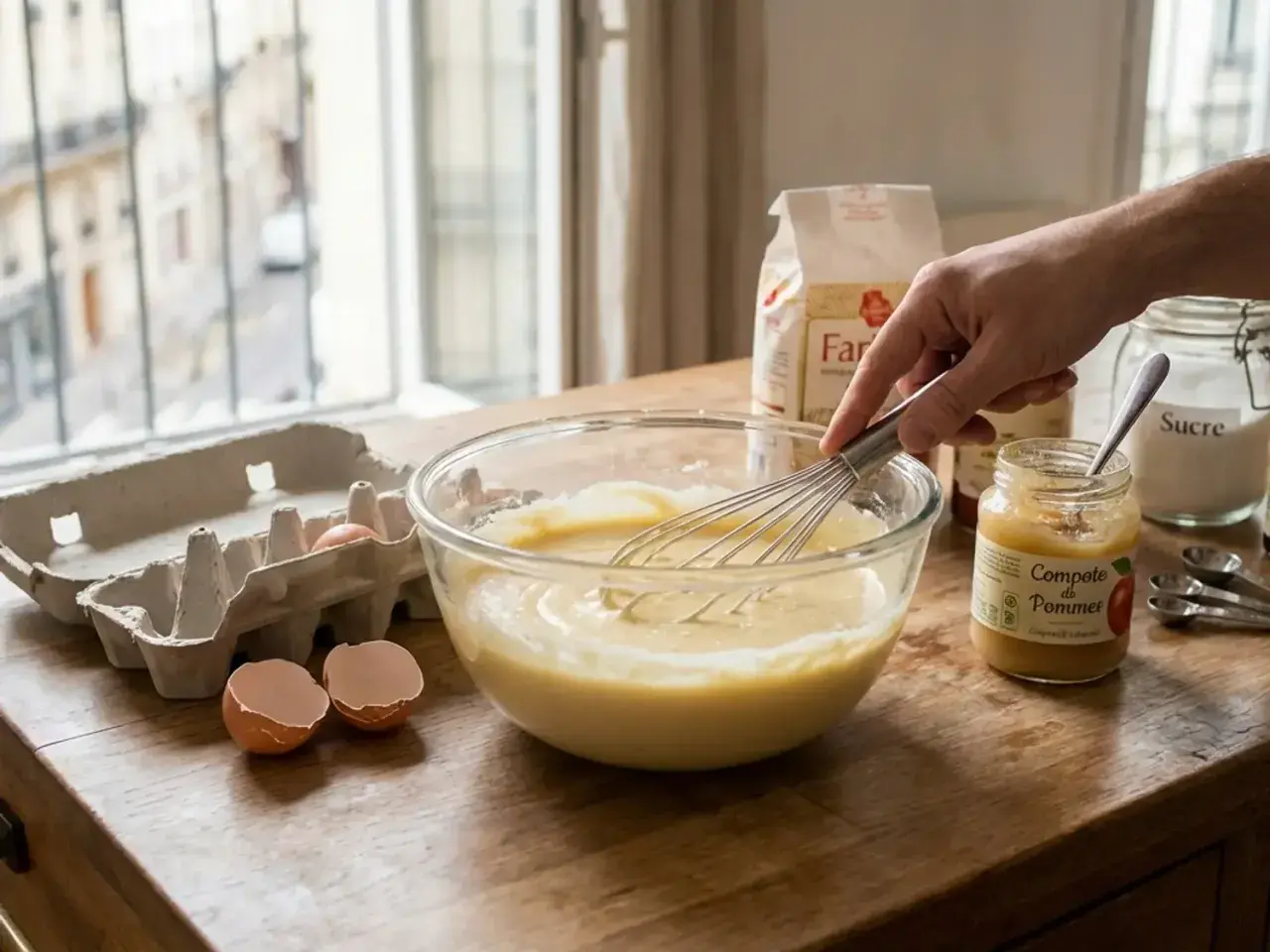 Préparation d'une pâte à gâteau. On voit un bol avec la pâte, un fouet, une boîte d'œufs vides, un pot de compote de pommes, un sac de farine et un pot de sucre. Une main fouette la pâte, peut-être pour remplacer œuf par compote.