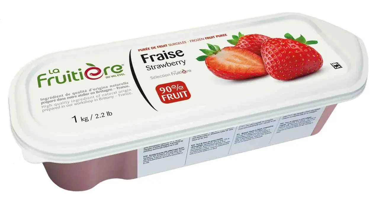Boîte de purée de fraises surgelée La Fruitière, 1kg. Contient 90% de fruit.