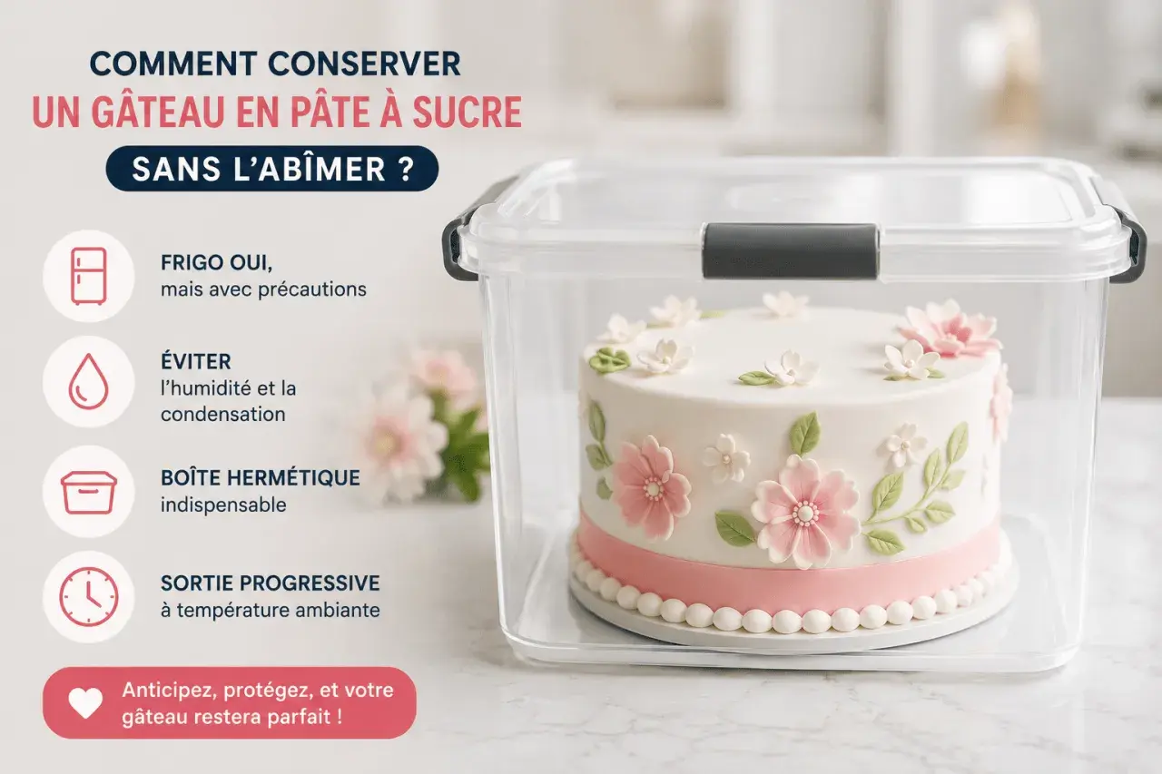 Un gâteau en pâte à sucre décoré de fleurs est conservé dans une boîte hermétique pour une conservation optimale.