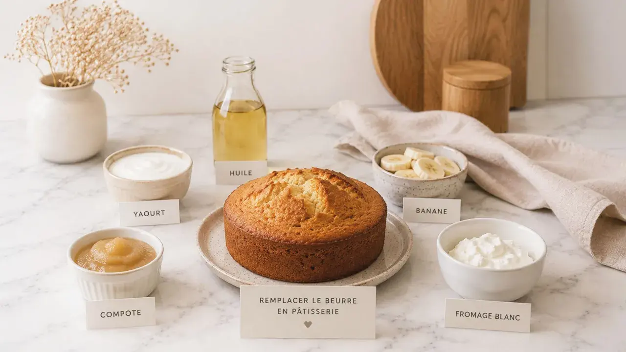 Gâteau doré entouré d'ingrédients : yaourt, compote, huile, banane, fromage blanc. Une carte suggère de remplacer le beurre par du beurre de cacao pour une pâtisserie plus légère.