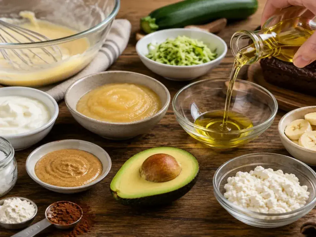 Ingrédients pour un gâteau sain : avocat, compote, yaourt, beurre de cacahuète, monostéarate de glycérol, courgette râpée, bananes, fromage blanc, cacao, farine.
