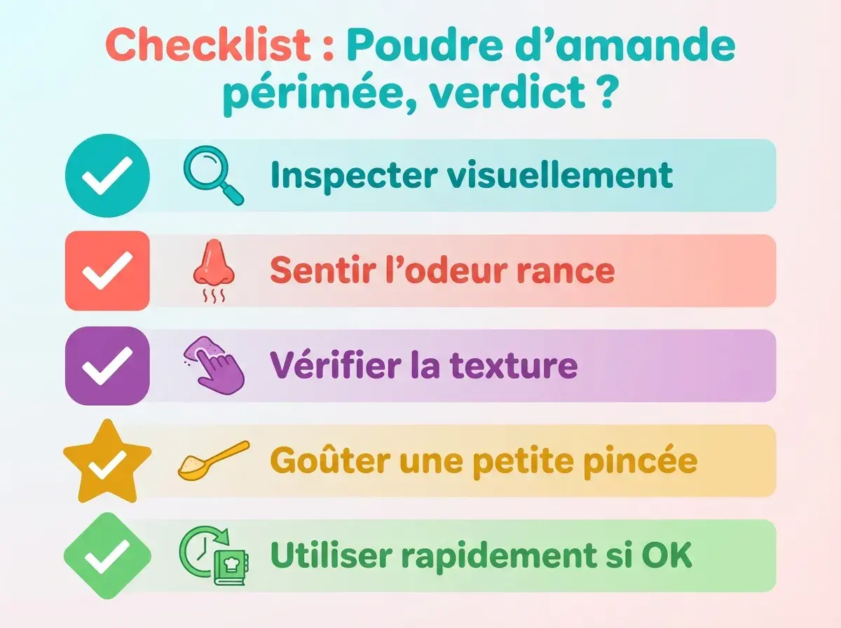 Checklist pour savoir si votre poudre d'amande est périmée : inspecter, sentir l'odeur rance, vérifier la texture, goûter.