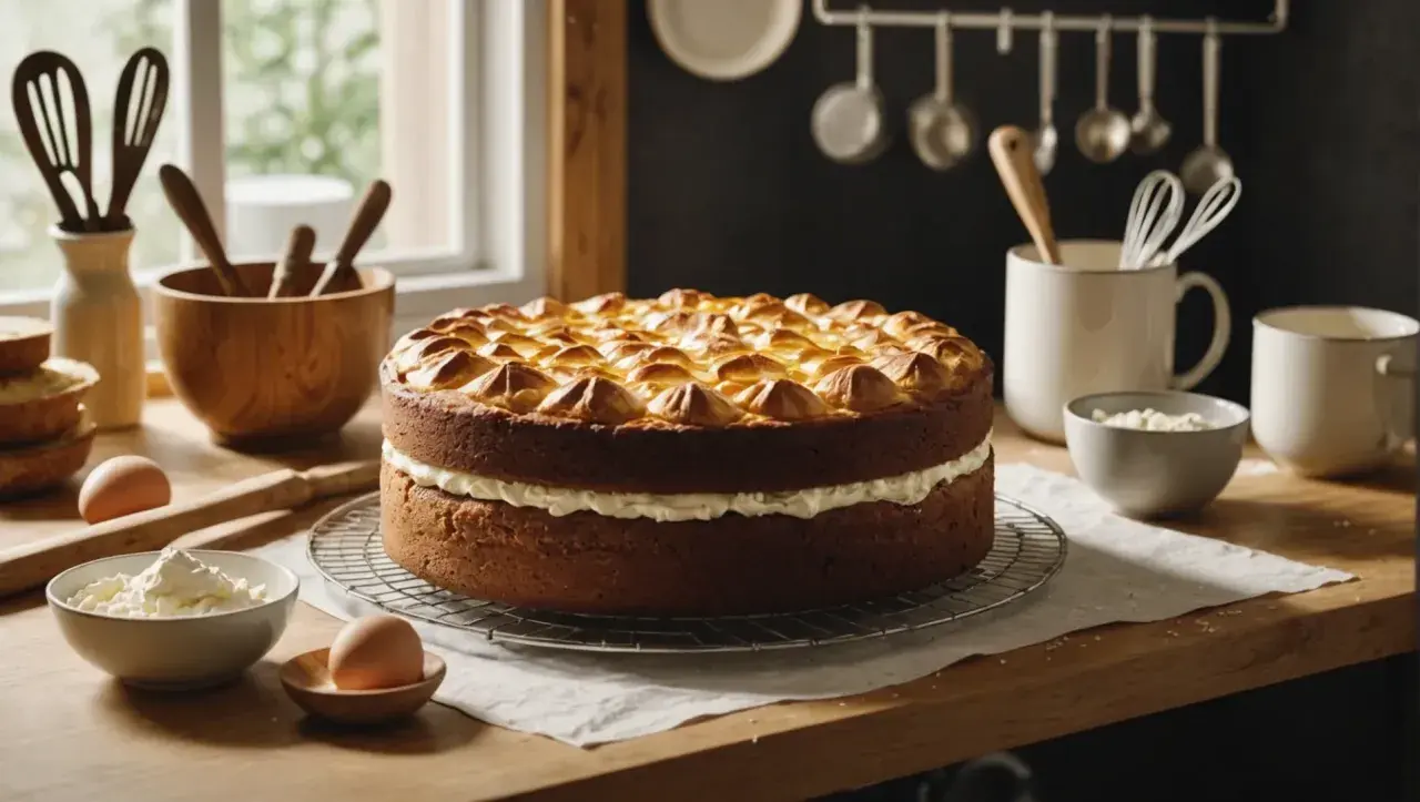 Un délicieux gâteau d'anniversaire, prêt à être décoré avec de la pâte à sucre. Il est garni de crème et surmonté d'une meringue dorée.