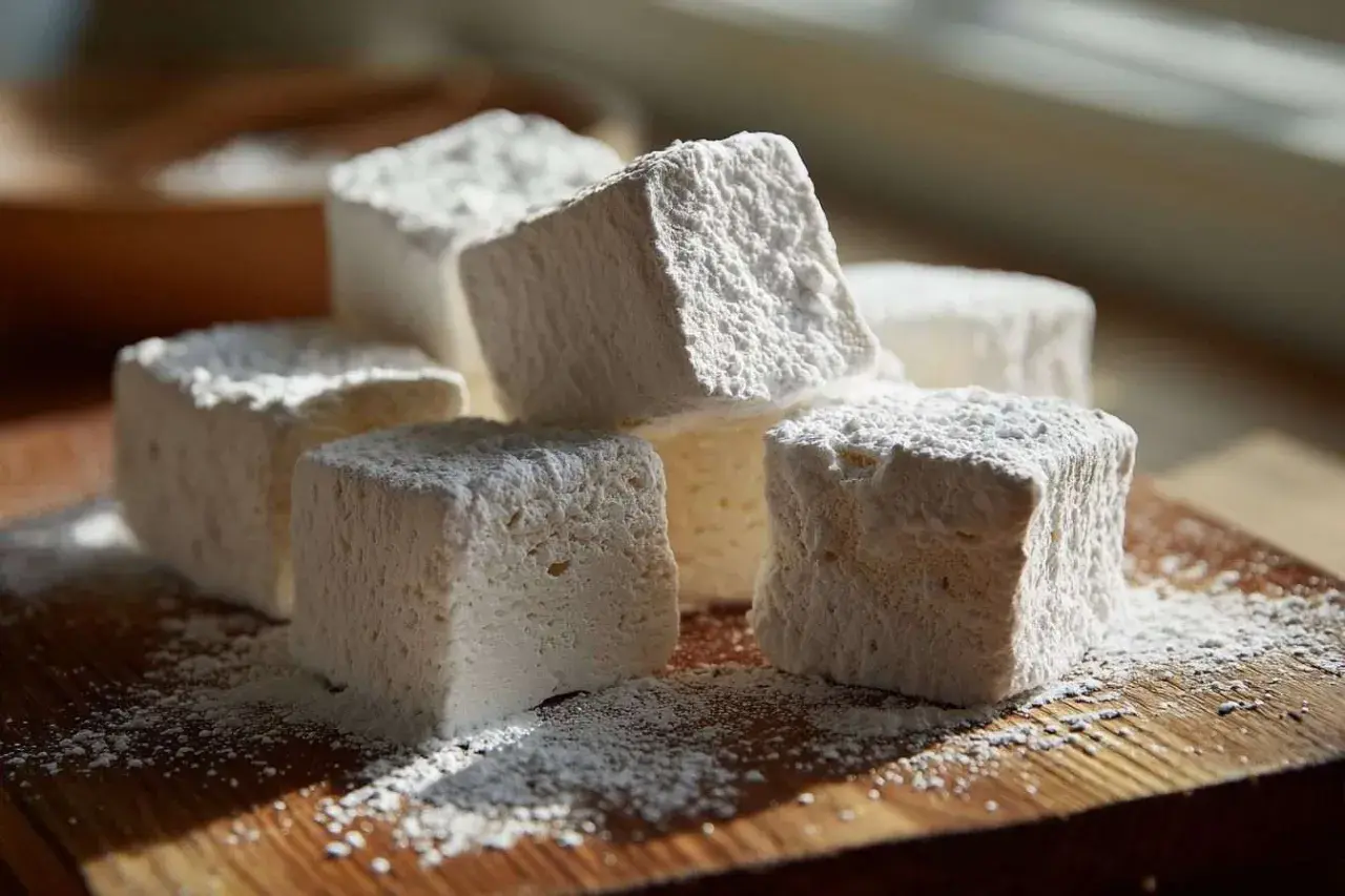 Des cubes moelleux de guimauve saupoudrés de sucre glace, prêts à être dégustés. Un ingrédient simple pour des douceurs gourmandes.