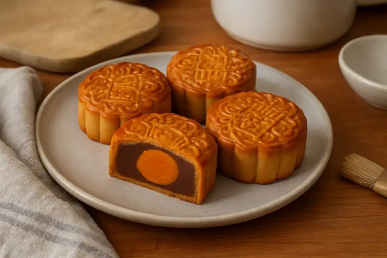 Quatre gâteaux de lune dorés, dont un coupé révélant une garniture de pâte de haricots rouges et un jaune d'œuf salé. Une invitation à découvrir la recette mooncake.