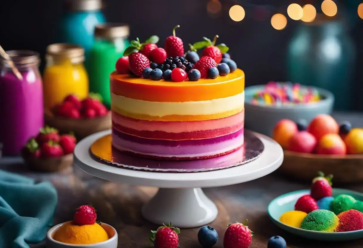 Gâteau arc-en-ciel aux fruits, aux couleurs vives obtenues avec des colorants alimentaires naturels.