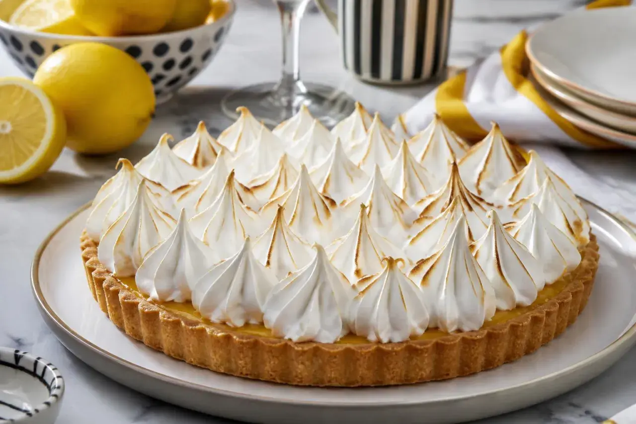 Tarte au citron garnie d'une meringue italienne dorée, parfaite pour une recette gourmande.