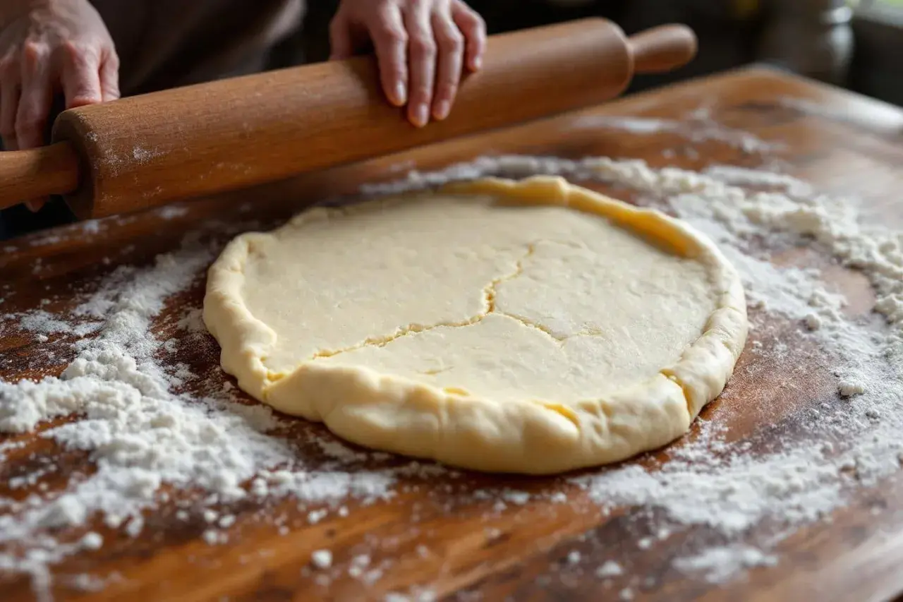 Mains travaillant la pâte sablée sur une planche en bois. La pâte est étalée, prête pour la conservation ou la cuisson.