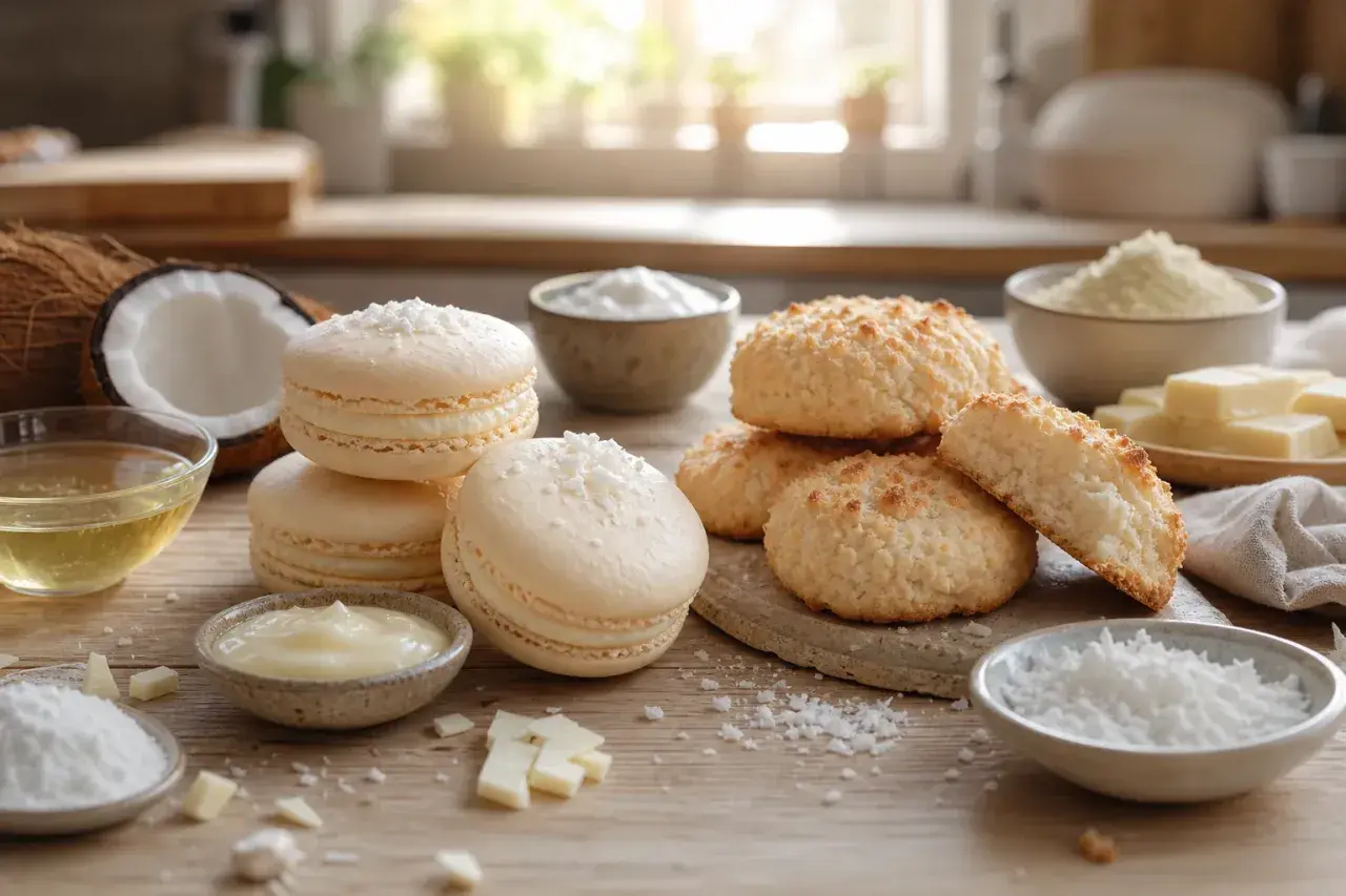 Douceur exotique : macarons et biscuits à la noix de coco, accompagnés de leur crème onctueuse.