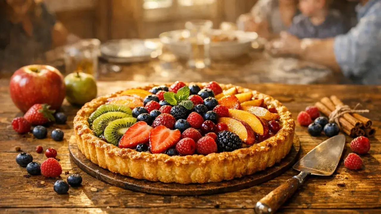 Gâteau aux fruits frais, parfait pour un layer cake 20 personnes. Fraises, kiwis, framboises, myrtilles et pêches sur une pâte dorée.